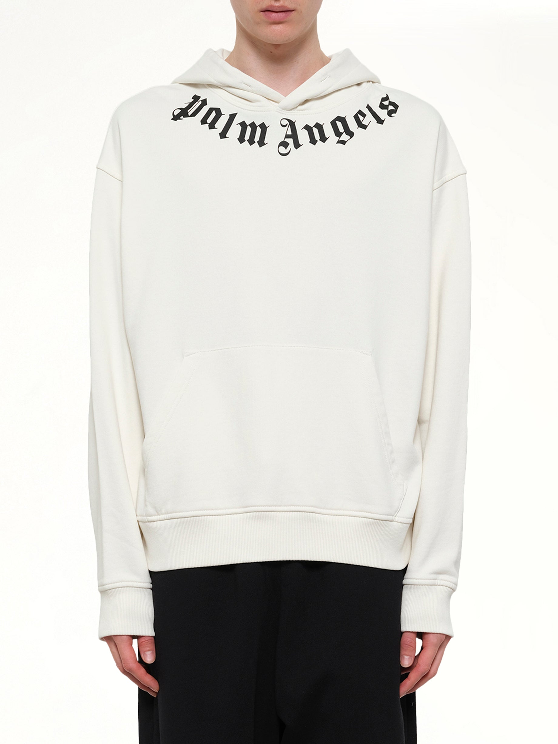 Image of a model wearing Outerwear. Product name - Neck Logo Regular Hoodie in White colour by brand - PALM ANGELS