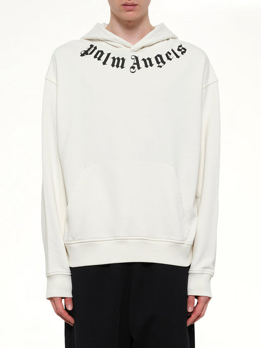 Image of a model wearing Outerwear. Product name - Neck Logo Regular Hoodie in White colour by brand - PALM ANGELS