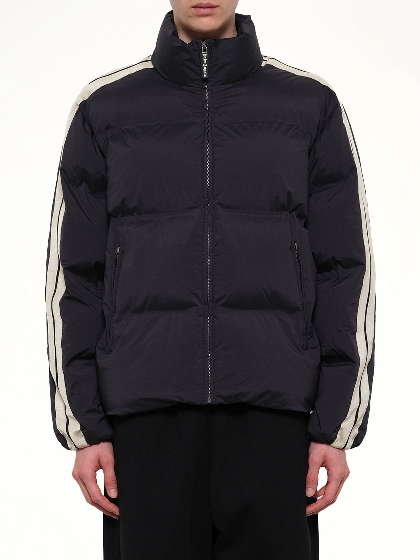 Image of Coats & Jackets. Product name - Classic Logo Track Down Jacket in Black colour by brand - PALM ANGELS