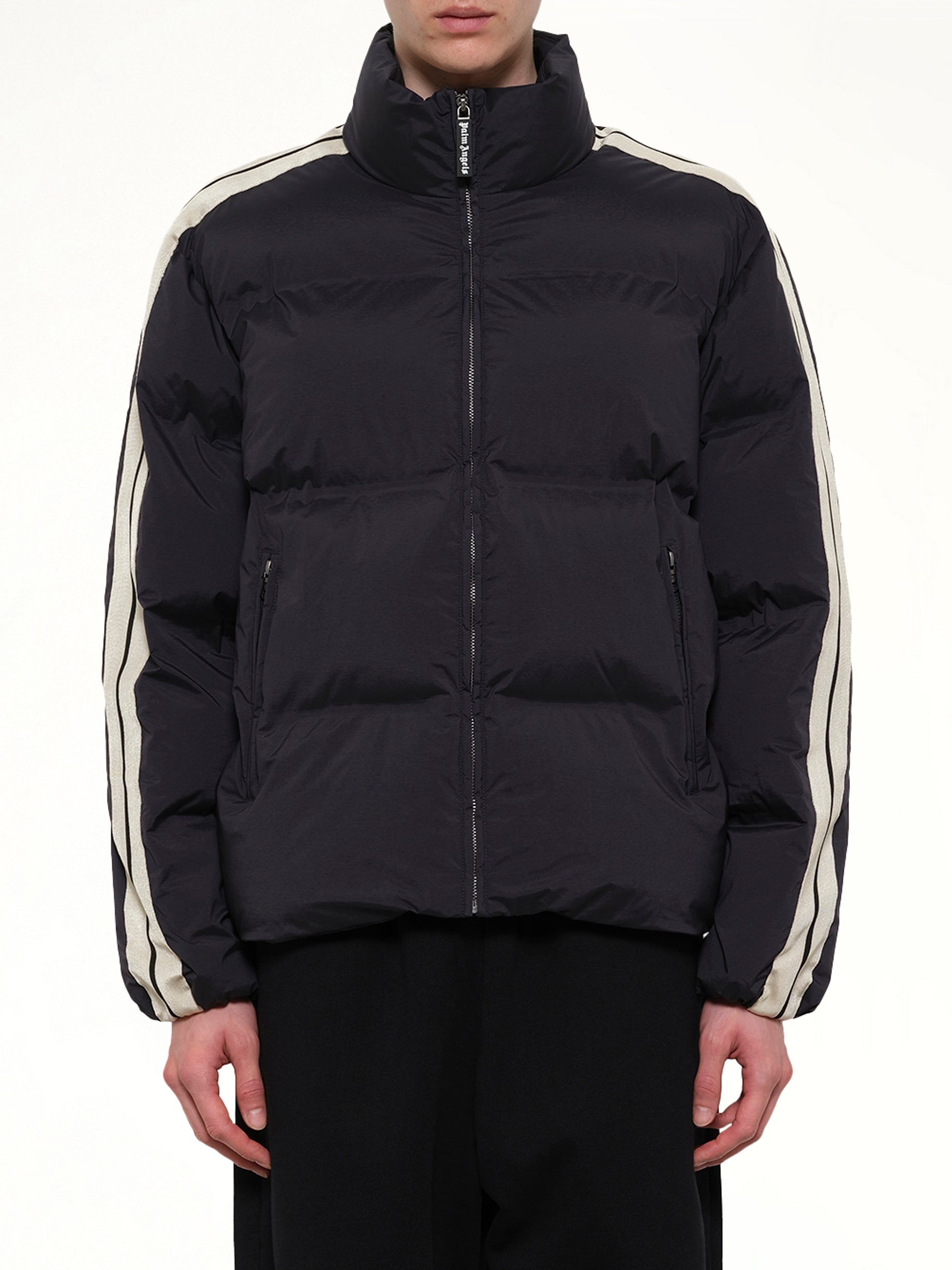 Image of Coats & Jackets. Product name - Classic Logo Track Down Jacket in Black colour by brand - PALM ANGELS