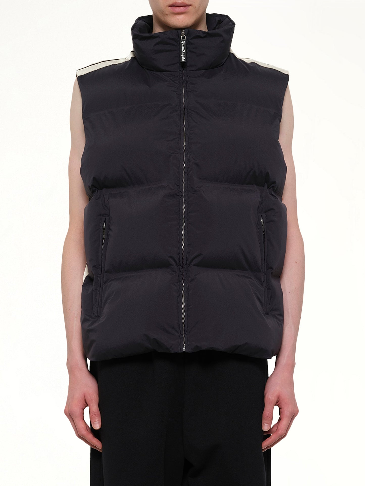 Image of Coats & Jackets. Product name - Classic Logo Track Down Vest in Black colour by brand - PALM ANGELS