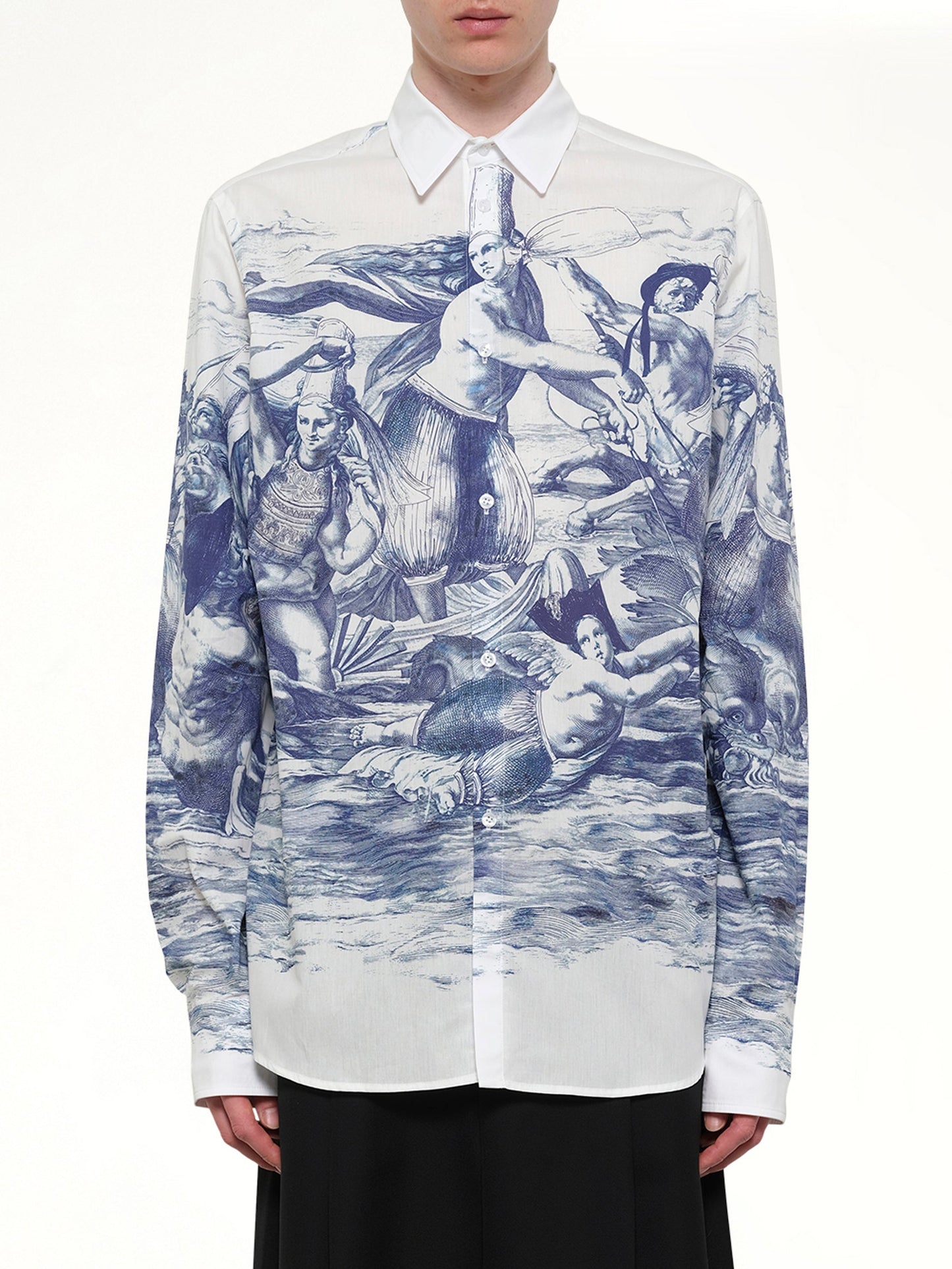 Image of a model wearing Tops. Product name - Breizh print Long Sleeve Shirt in Blue colour by brand - EGONLAB