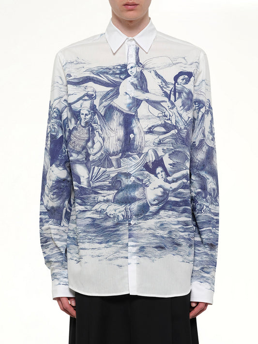 Image of a model wearing Tops. Product name - Breizh print Long Sleeve Shirt in Blue colour by brand - EGONLAB