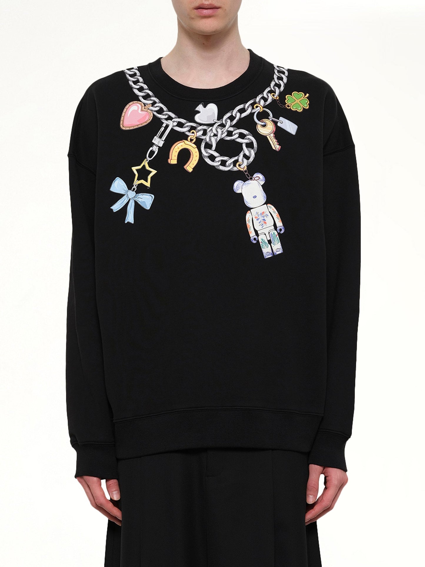 Image of a model wearing Outerwear. Product name - Bearbrick Print Cotton Sweatshirt in Black colour by brand - EGONLAB