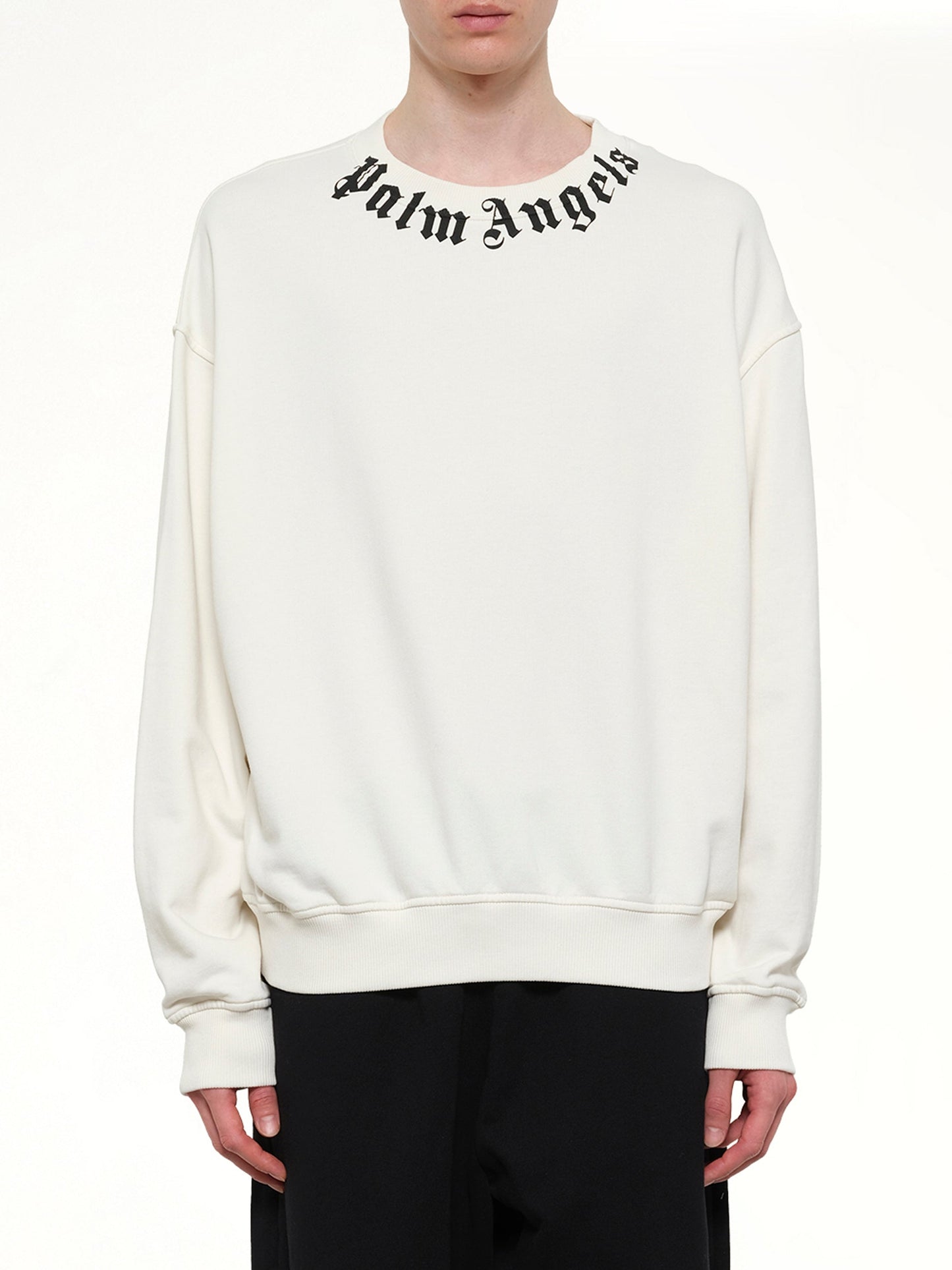 Image of a model wearing Outerwear. Product name - Neck Logo Regular Sweatshirt in White colour by brand - PALM ANGELS