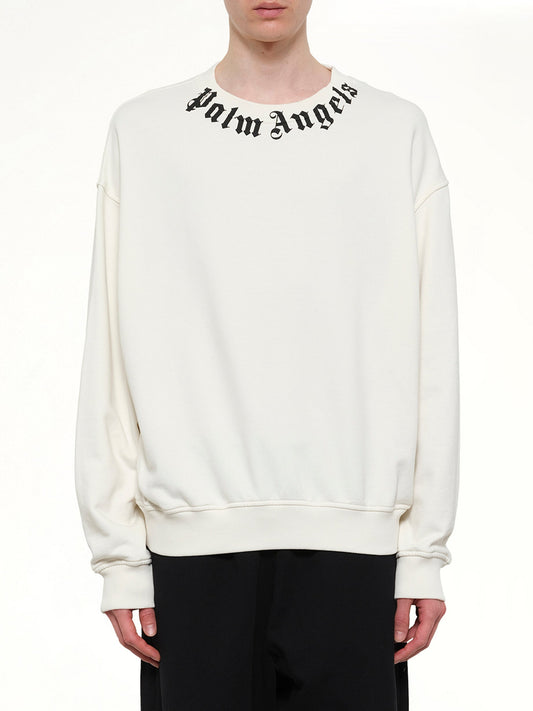 Image of a model wearing Outerwear. Product name - Neck Logo Regular Sweatshirt in White colour by brand - PALM ANGELS