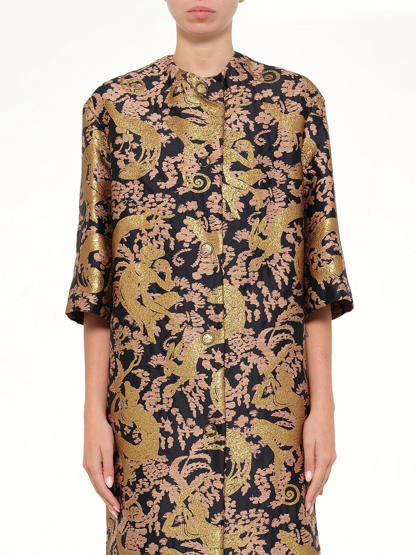 Image of a model wearing Outerwear. Product name - Coat in Gold colour by brand - LANVIN
