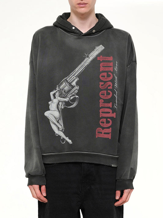 Image of a model wearing Outerwear. Product name - Loaded With Love Hoodie in Black colour by brand - REPRESENT
