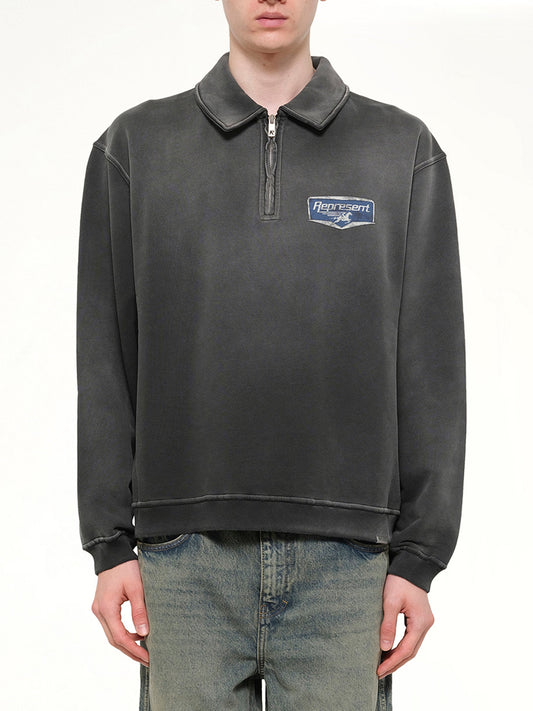 Image of a model wearing Tops. Product name - Nothing Faster Quarter Zip Sweatshirt in Black colour by brand - REPRESENT