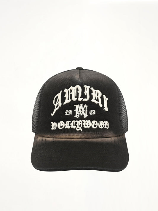 Image of Hats. Product name - Faded Amiri Hollywood Trucker Hat in Black colour by brand - AMIRI