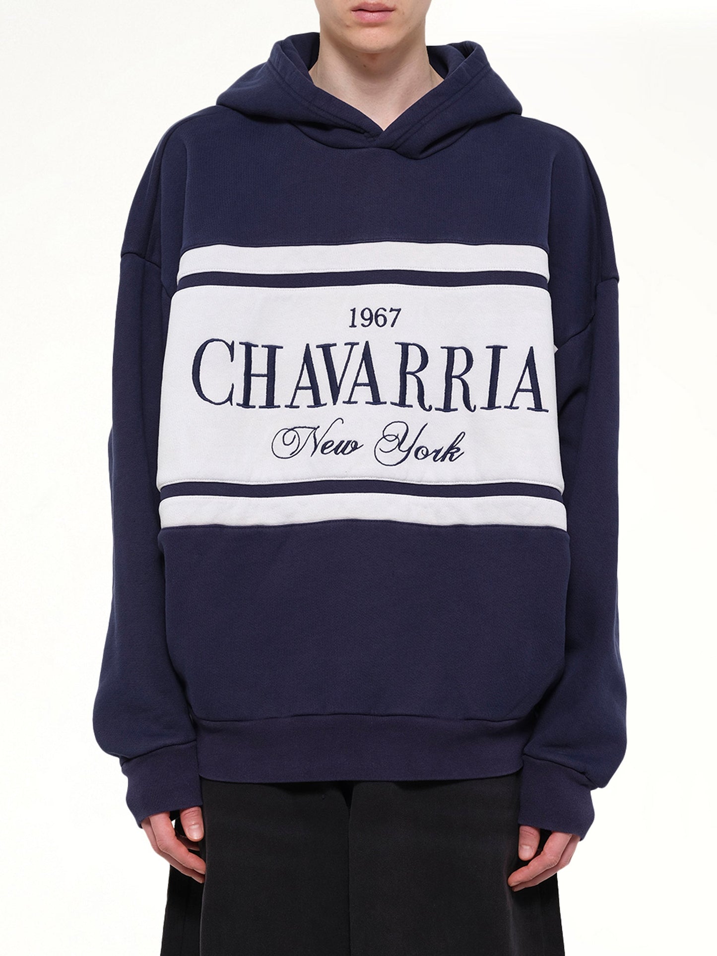 Image of a model wearing Outerwear. Product name - Chavarria Stripe Gilroy Hoodie in Blue colour by brand - WILLY CHAVARRIA