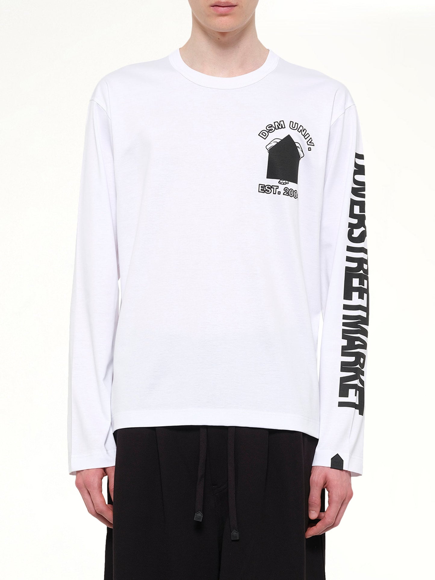 Image of a model wearing Tops. Product name - DSMU Long Sleeve T-Shirt in White colour by brand - DSM KEI NINOMIYA
