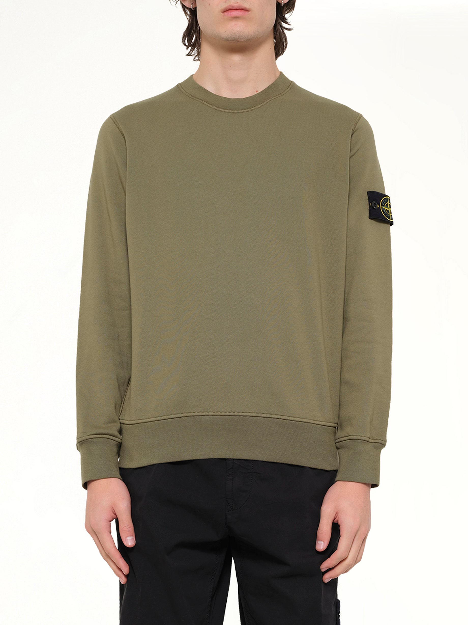 Image of a model wearing Outerwear. Product name - 6100060 Sweatshirt in Green colour by brand - STONE ISLAND