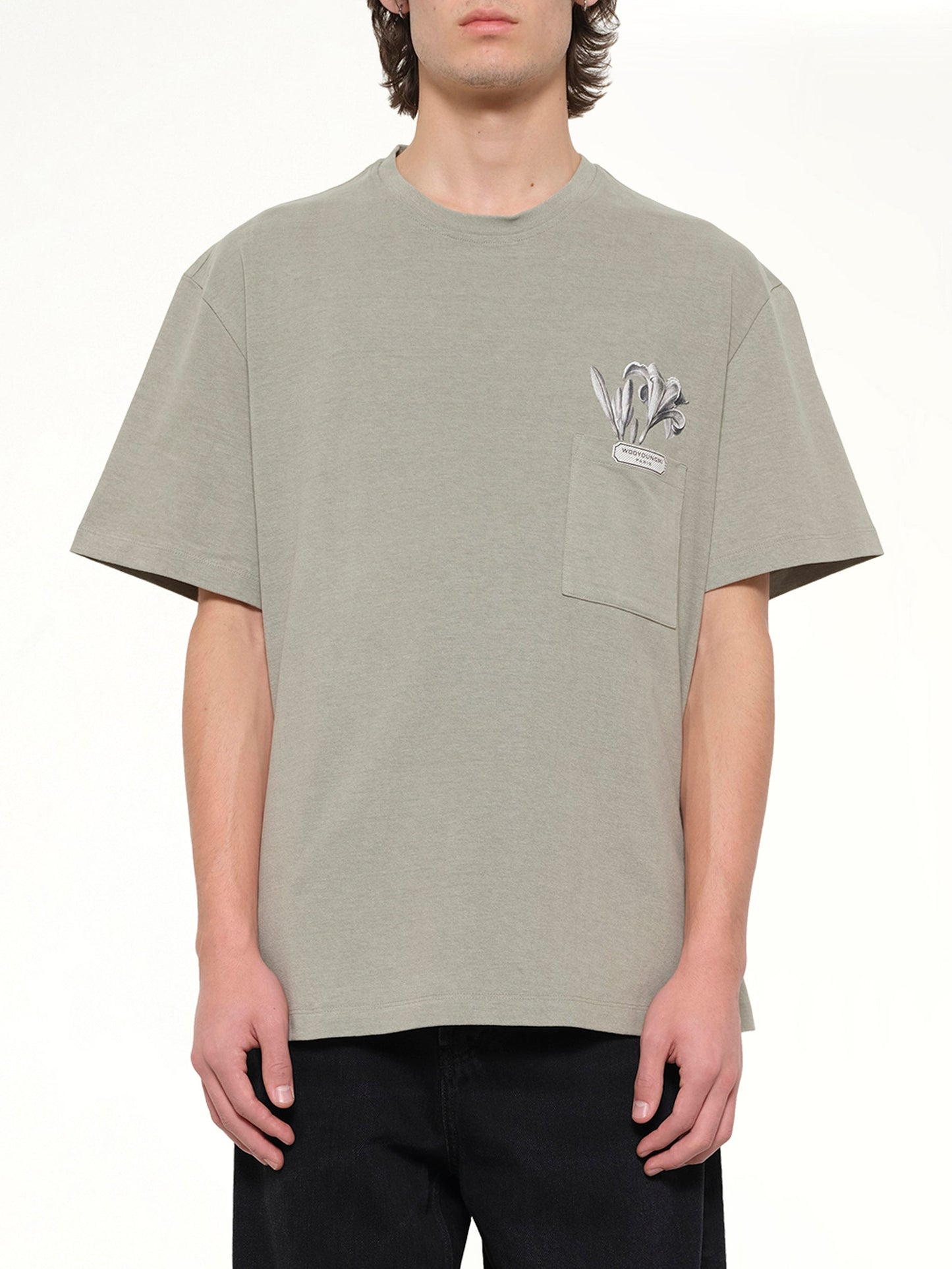 Image of T-Shirts. Product name - Flower Print T-Shirt in Khaki colour by brand - WOOYOUNGMI