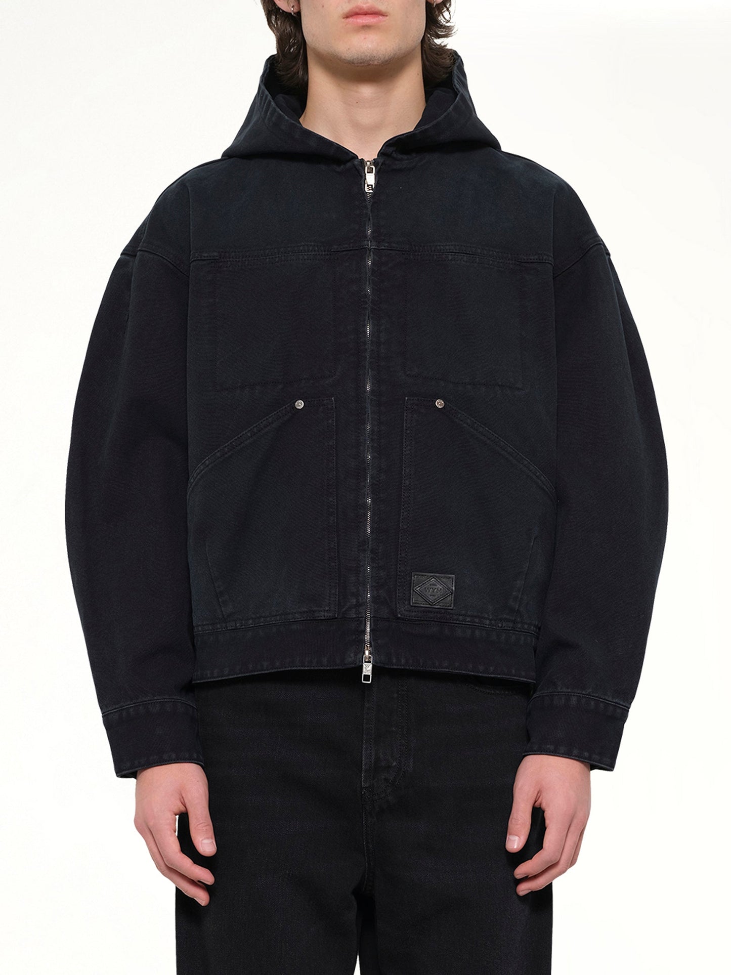 Image of Coats & Jackets. Product name - Hooded Work Jacket in Navy colour by brand - WOOYOUNGMI
