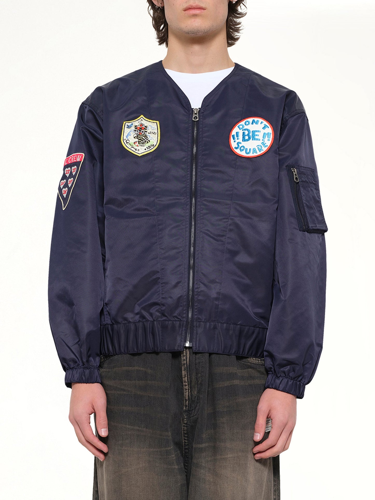 Image of Coats & Jackets. Product name - Kenzo Badges Collarless Bomber in Navy colour by brand - KENZO