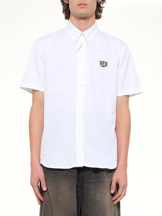 Image of a model wearing Tops. Product name - Kenzo Wild Tiger Crest Short Sleeve Shirt in White colour by brand - KENZO