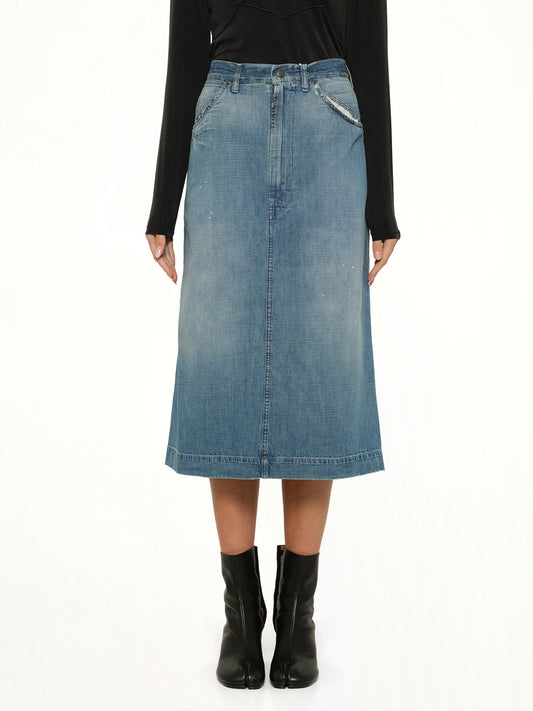 Image of a model wearing Skirts. Product name - Denim Skirt in Blue colour by brand - MAISON MARGIELA