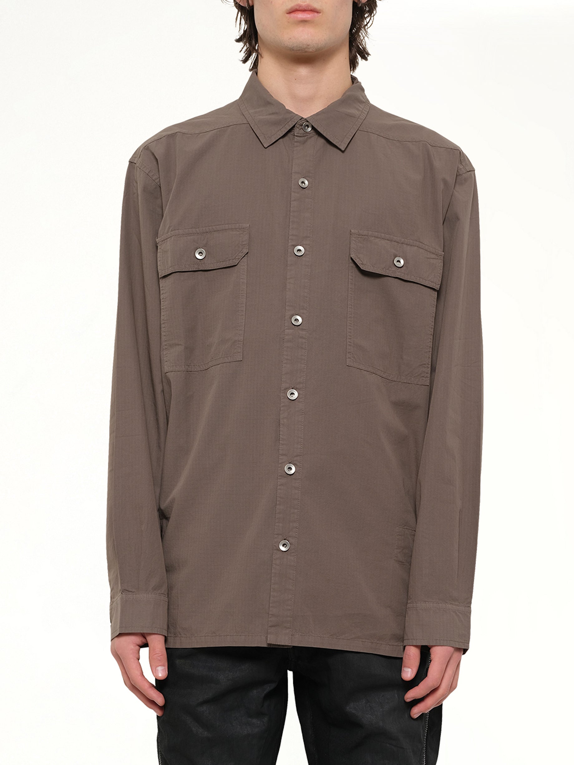 Image of a model wearing Tops. Product name - Jumbo Outershirt in Brown colour by brand - RICK OWENS DRKSHDW
