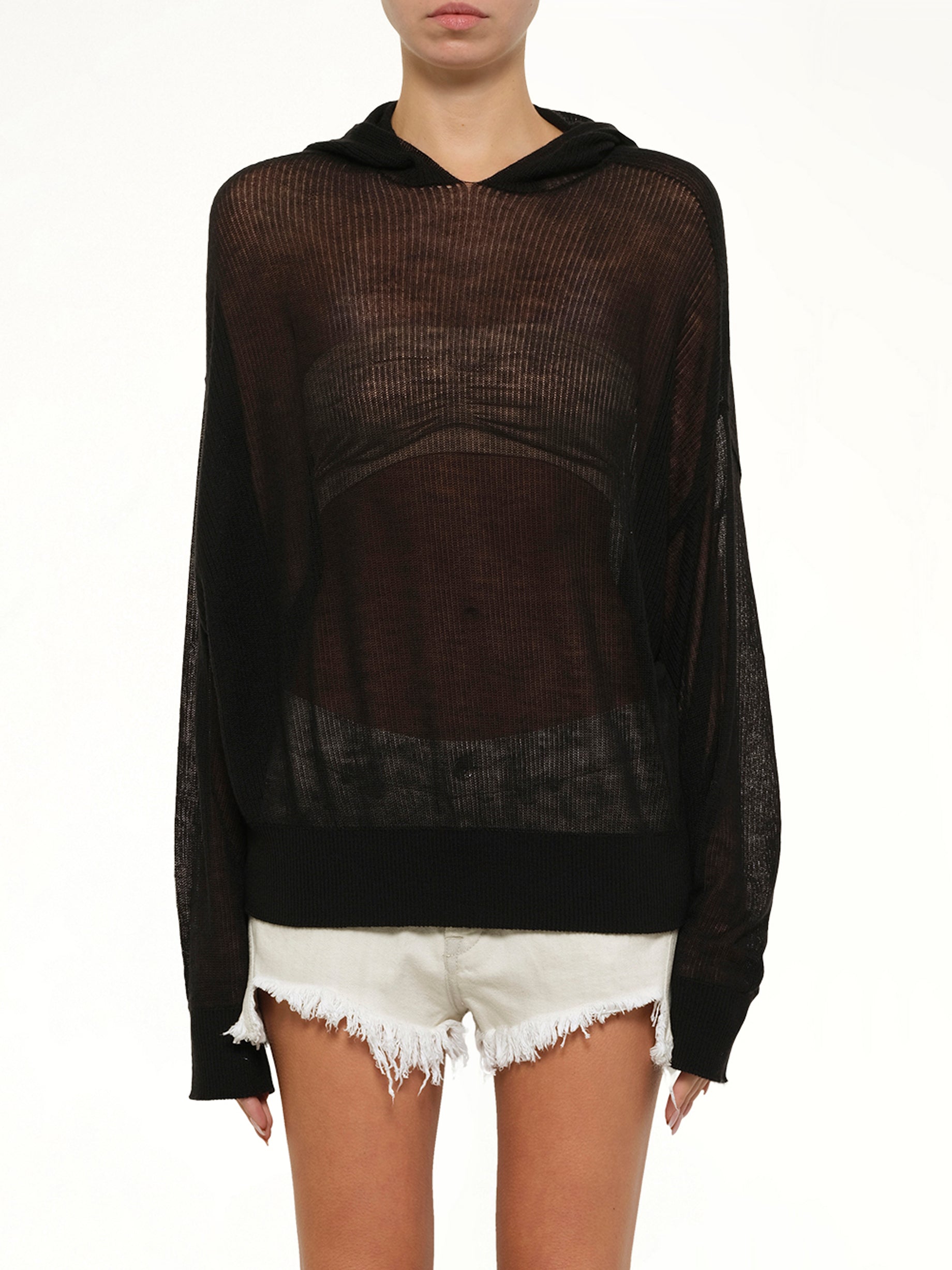 Image of a model wearing Outerwear. Product name - Light Hun Hoodie in Black colour by brand - RICK OWENS