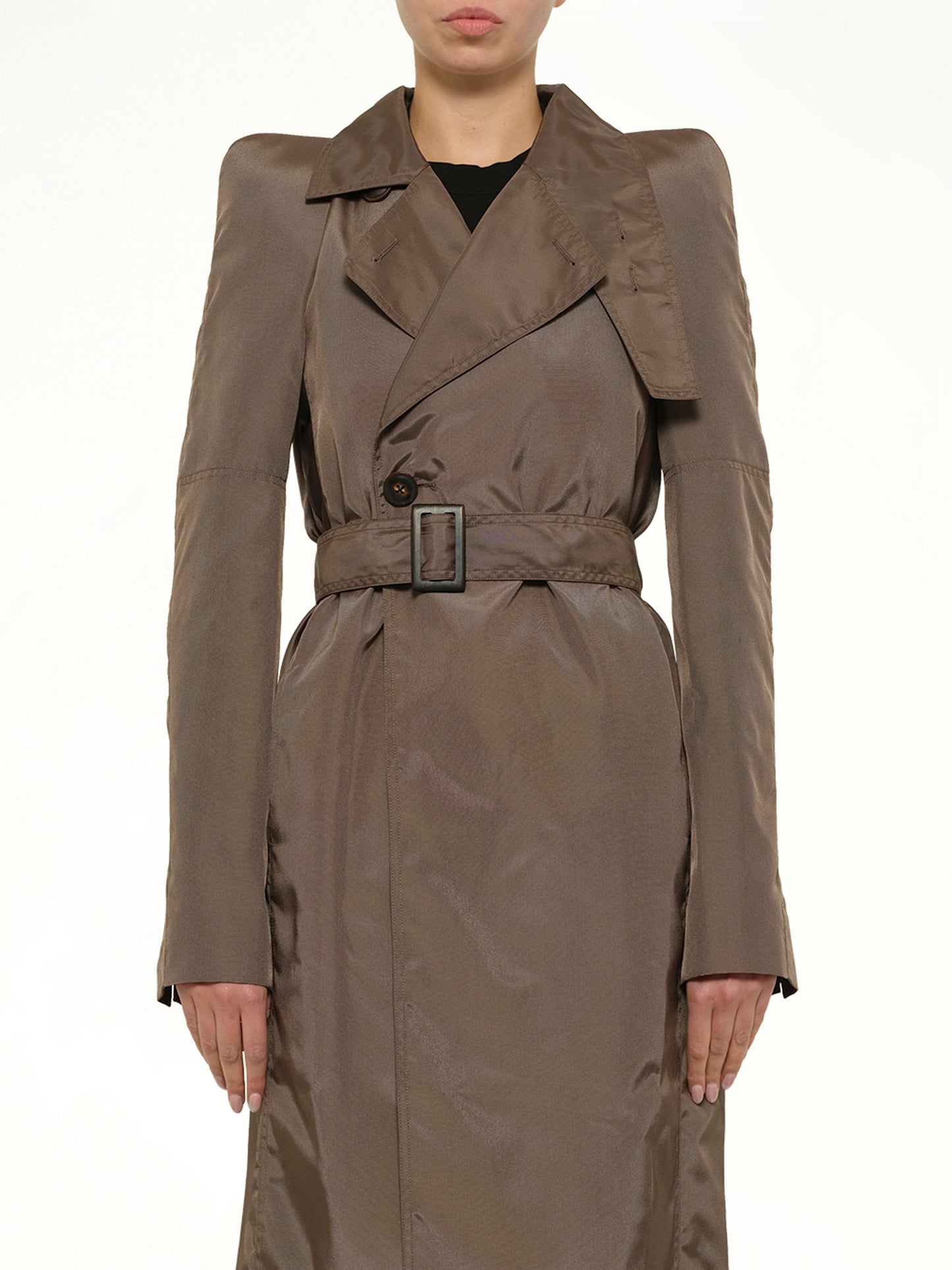 Image of a model wearing Outerwear. Product name - Maria Trench in Brown colour by brand - RICK OWENS