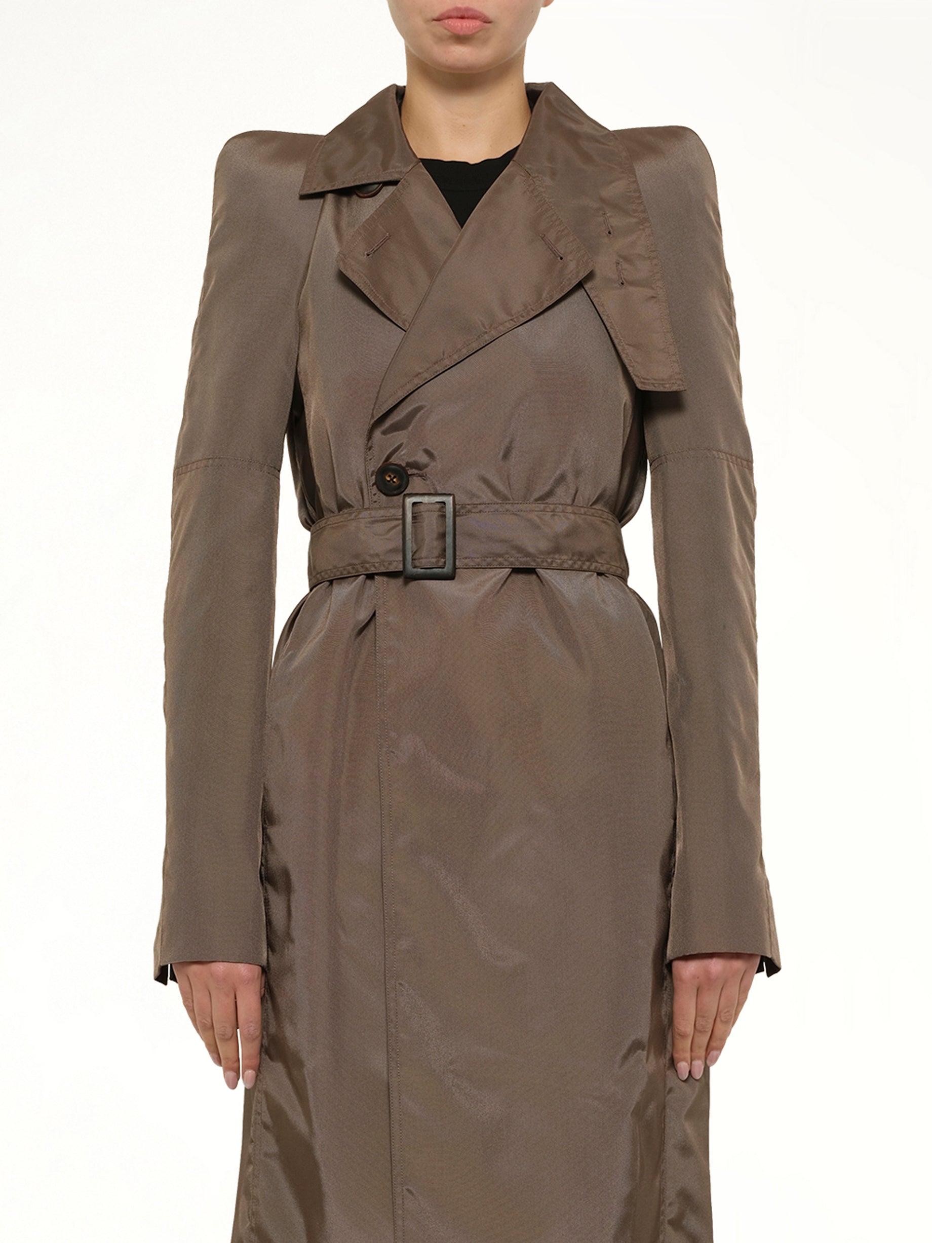 Image of a model wearing Outerwear. Product name - Maria Trench in Brown colour by brand - RICK OWENS