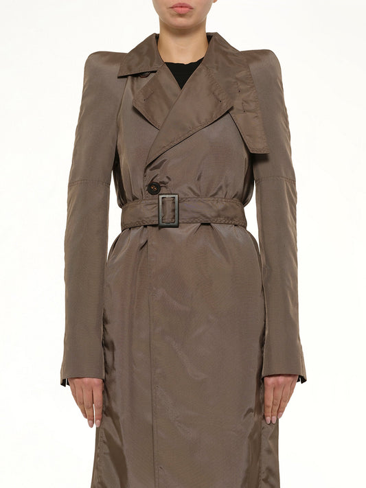 Image of a model wearing Outerwear. Product name - Maria Trench in Brown colour by brand - RICK OWENS