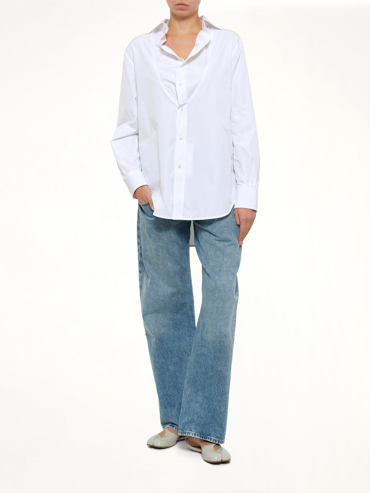 MAISON MARGIELA Open Neck Long Sleeve Shirt (White)