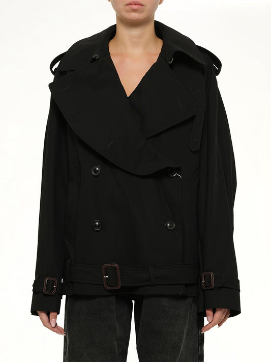 Image of a model wearing Outerwear. Product name - Open Neck Trench Jacket in Black colour by brand - MAISON MARGIELA