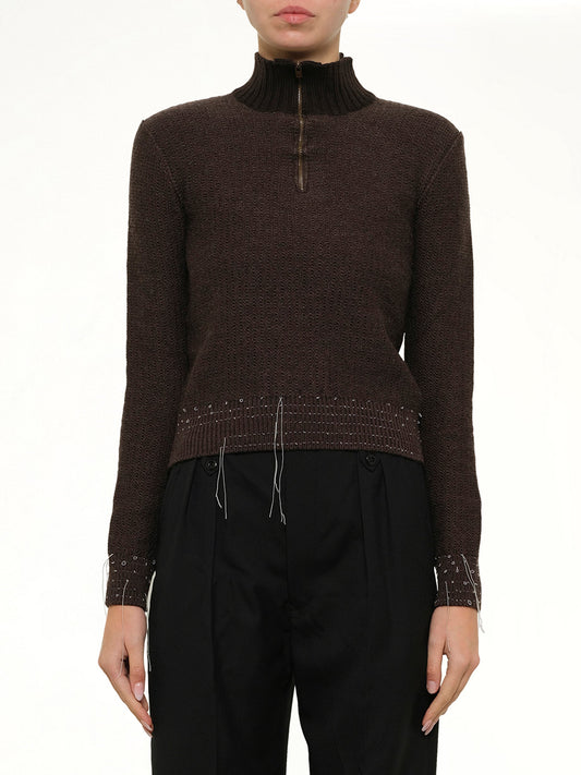 Image of a model wearing Outerwear. Product name - Quarter-Zip Sweater in Brown colour by brand - MAISON MARGIELA