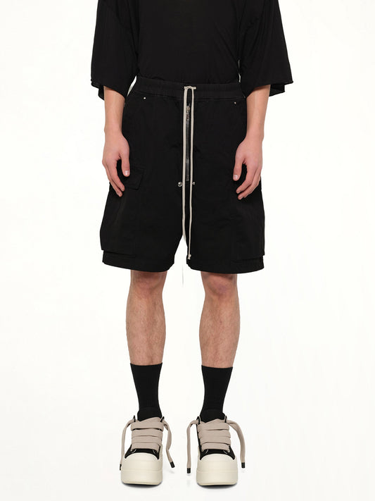 Image of a model wearing Shorts. Product name - Cargobela Shorts in Black colour by brand - RICK OWENS DRKSHDW