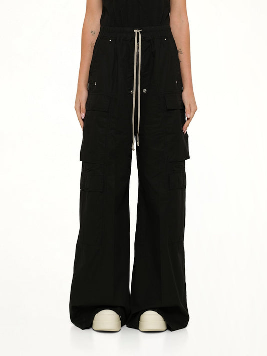 Image of a model wearing Pants. Product name - Double Cargo Jumbo Belas in Black colour by brand - RICK OWENS DRKSHDW
