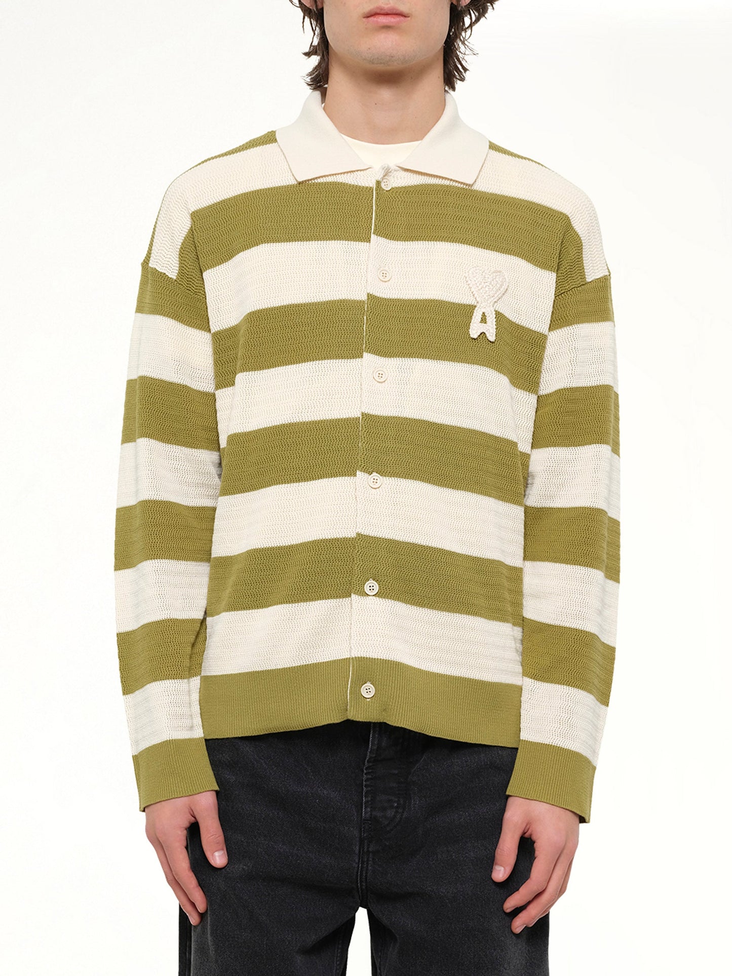 Image of Cardigans. Product name - Shirt Collar Cardigan with ADC in Green colour by brand - AMI PARIS