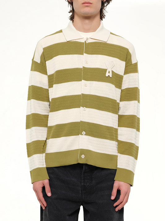 Image of Cardigans. Product name - Shirt Collar Cardigan with ADC in Green colour by brand - AMI PARIS