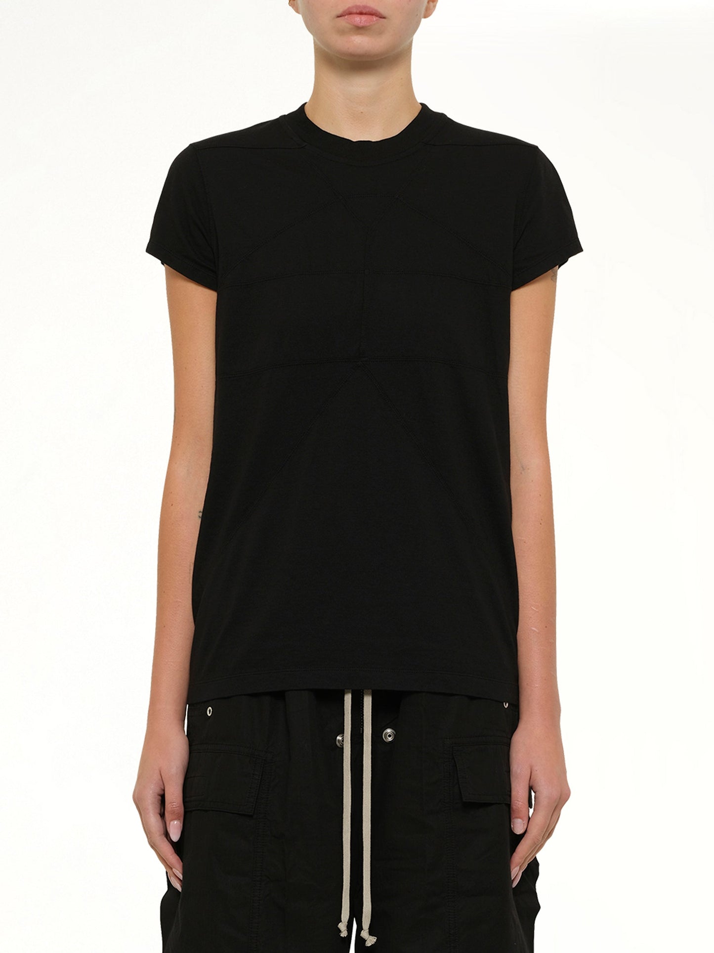 Image of a model wearing Tops. Product name - Small Level T in Black colour by brand - RICK OWENS
