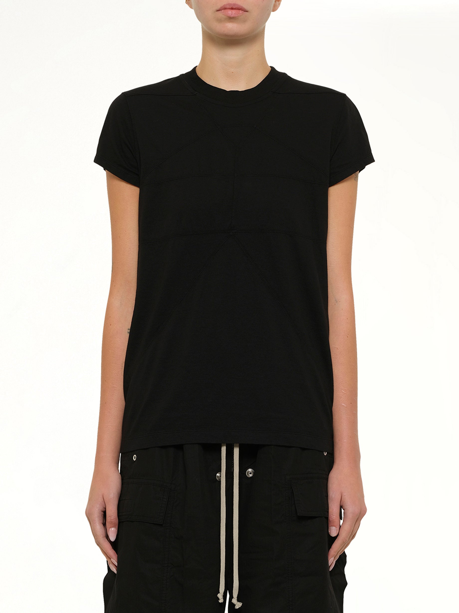 Image of a model wearing Tops. Product name - Small Level T in Black colour by brand - RICK OWENS