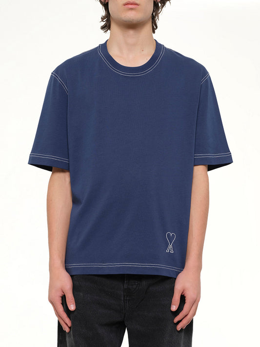 Image of T-Shirts. Product name - Topstitched ADC T-Shirt in Navy colour by brand - AMI PARIS