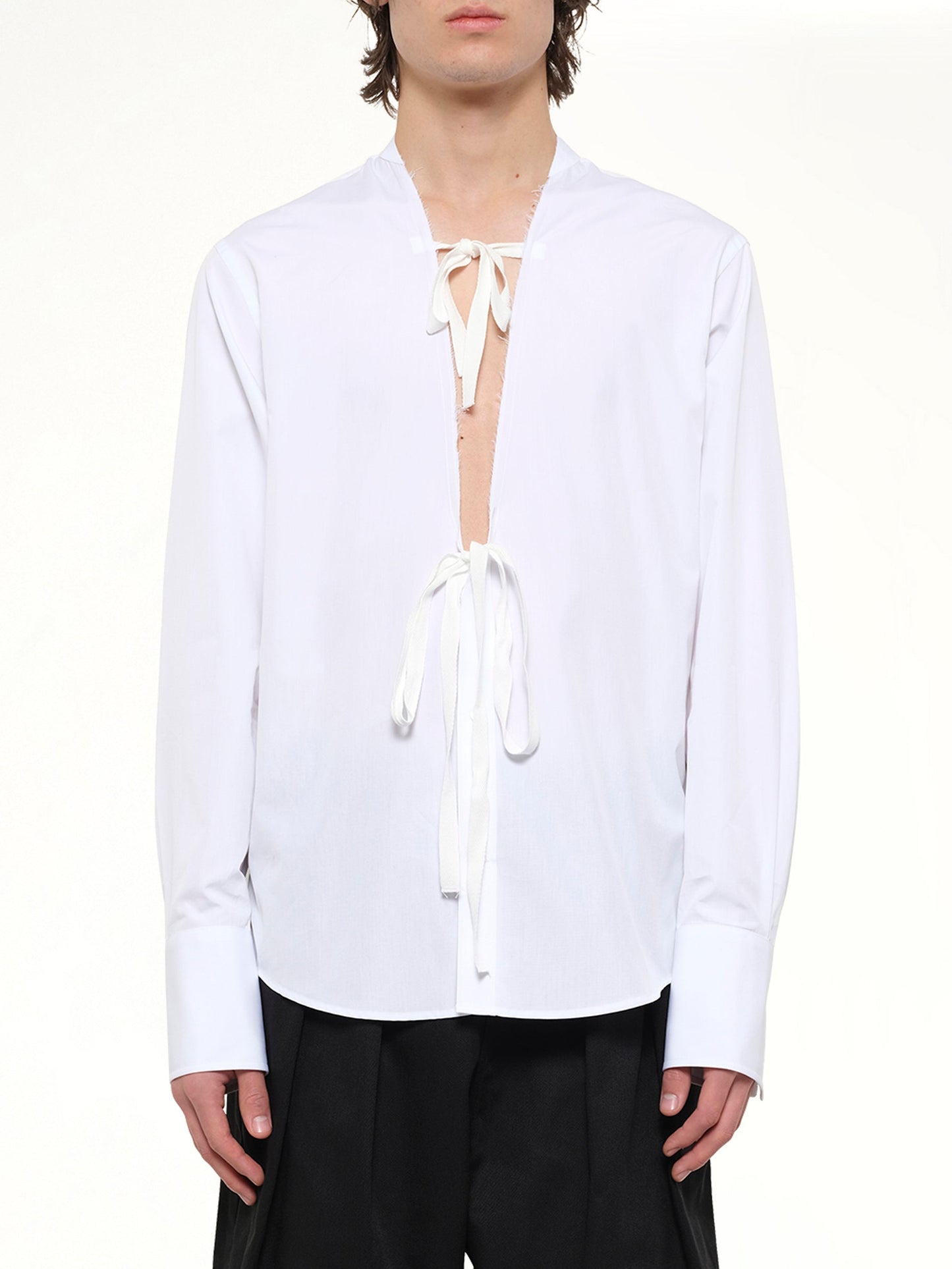 Image of Shirts. Product name - V Neck Long Sleeved Shirt in White colour by brand - MAISON MARGIELA