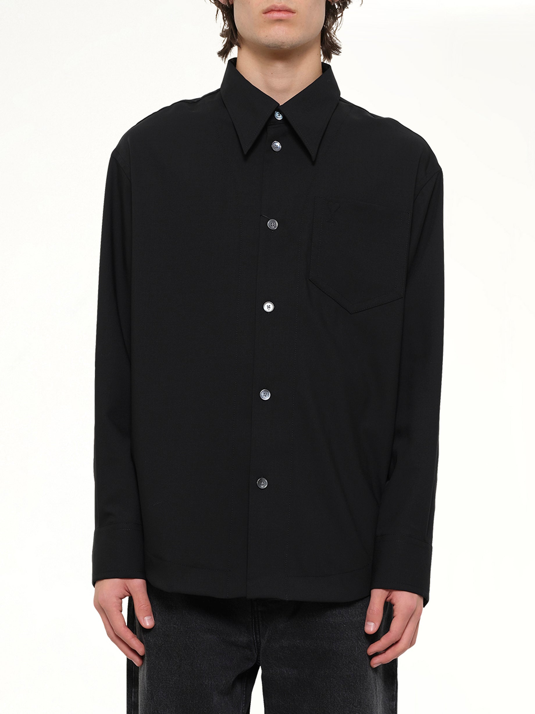 Image of Shirts. Product name - Wool Garbadine Embossed ADC Shirt in Black colour by brand - AMI PARIS