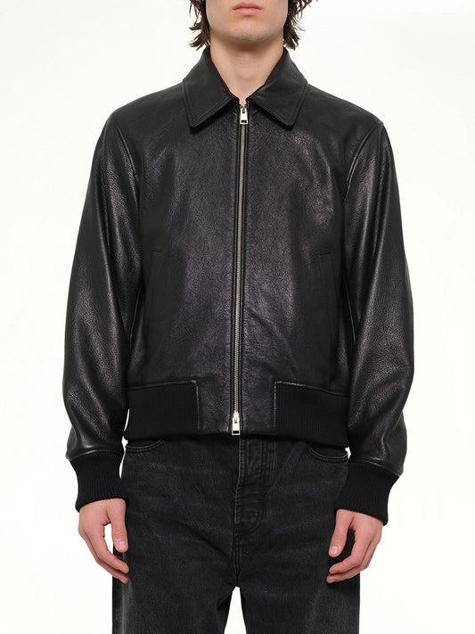 Image of Coats & Jackets. Product name - Zipped Leather Jacket in Black colour by brand - AMI PARIS