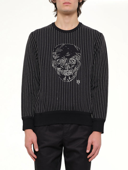 Image of a model wearing Outerwear. Product name - Embroidered Skull Sweatshirt in 901 colour by brand - ALEXANDER MCQUEEN