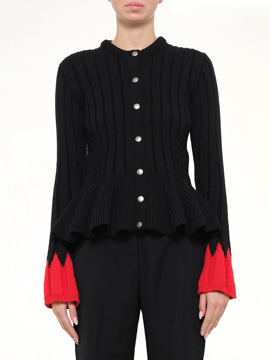 Image of Cardigans. Product name - Alexander McQueen Peplum Cardigan in Black colour by brand - ALEXANDER MCQUEEN