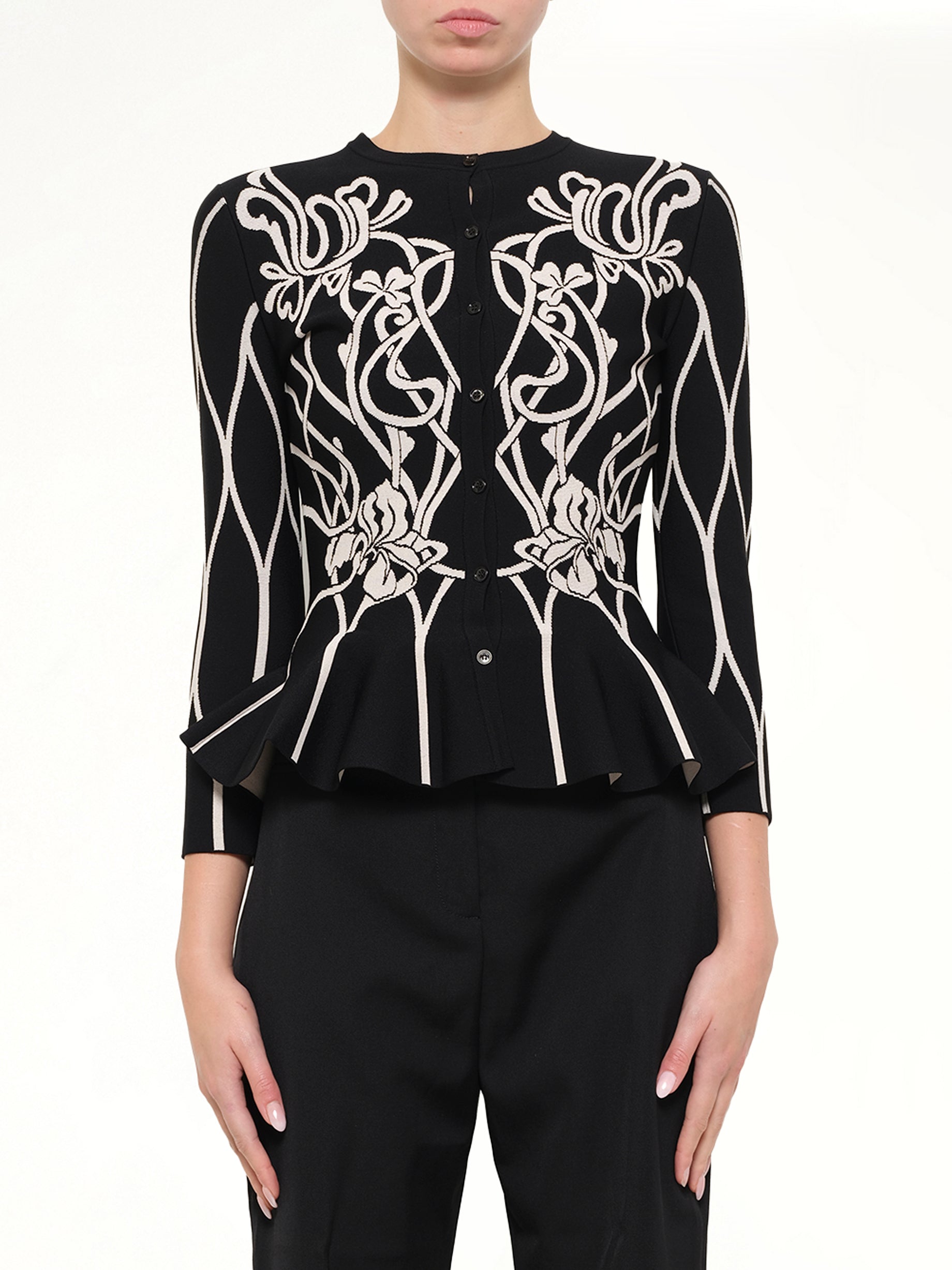 Image of Cardigans. Product name - Embroidered Ruffle Cardigan in Black colour by brand - ALEXANDER MCQUEEN
