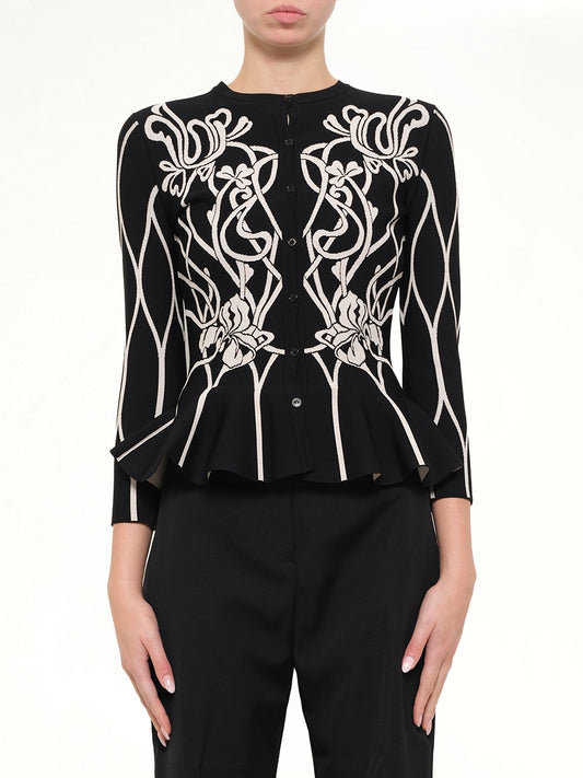 Image of Cardigans. Product name - Embroidered Ruffle Cardigan in Black colour by brand - ALEXANDER MCQUEEN