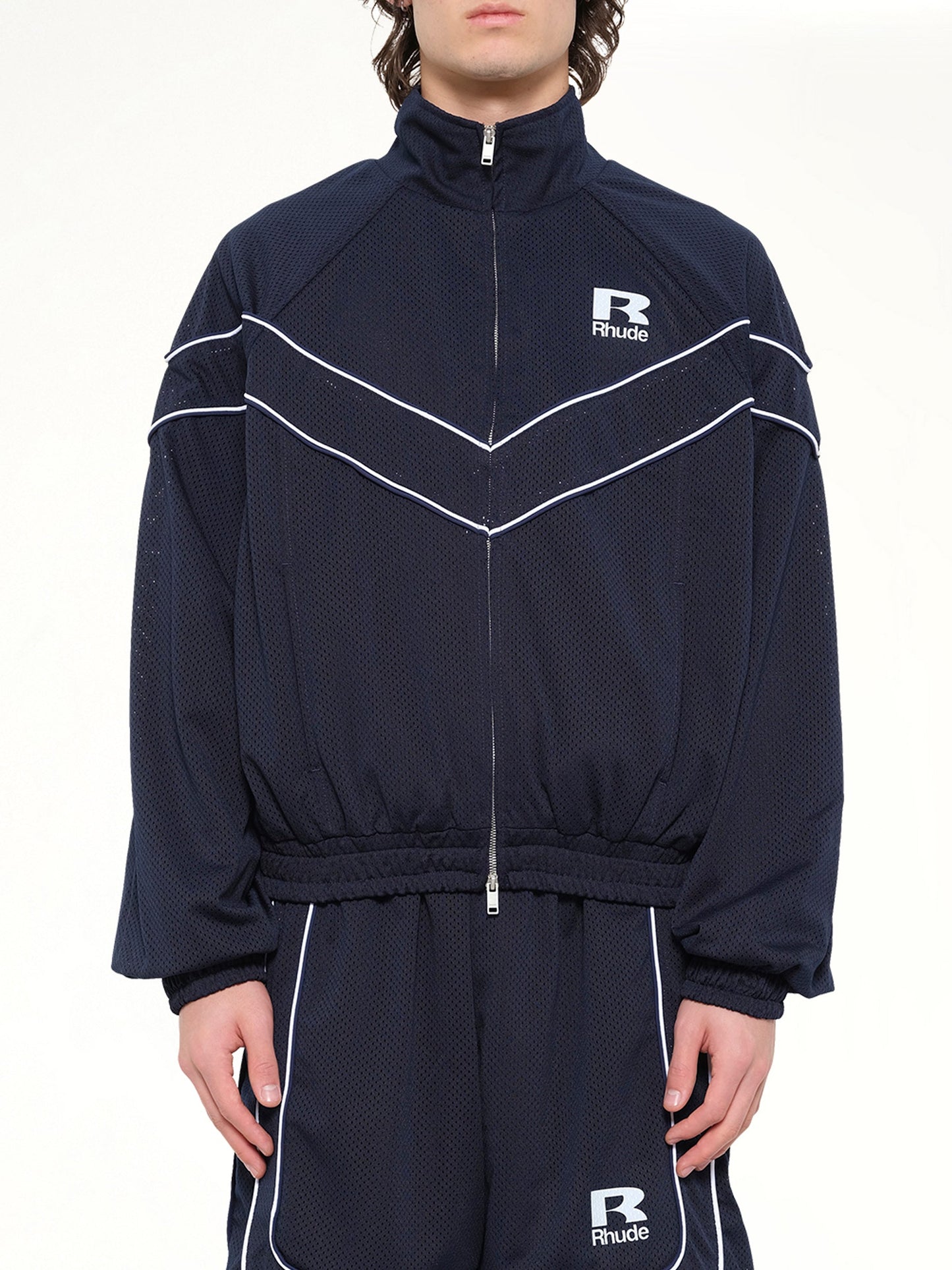 Image of Coats & Jackets. Product name - Rhude Mesh Piping Raglan Track Jacket in Navy colour by brand - RHUDE