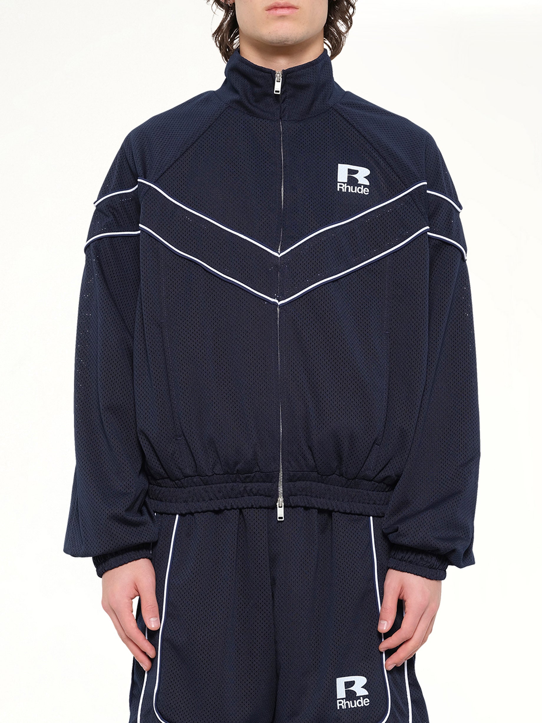 Image of Coats & Jackets. Product name - Rhude Mesh Piping Raglan Track Jacket in Navy colour by brand - RHUDE