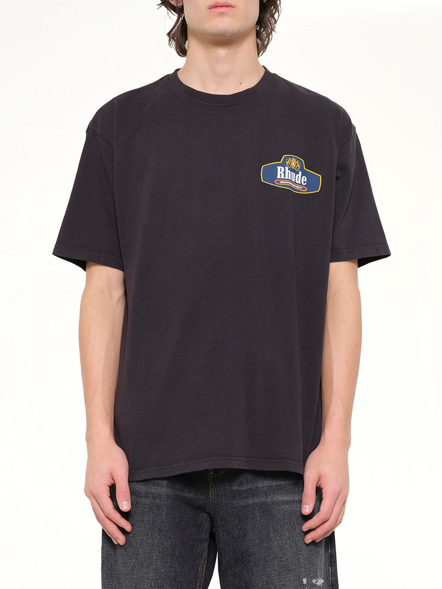 Image of T-Shirts. Product name - Rhude Racing Crest T-Shirt in Black colour by brand - RHUDE