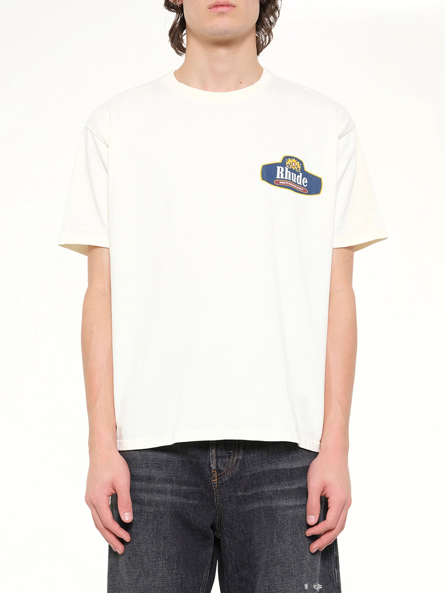 Image of T-Shirts. Product name - Rhude Racing Crest T-Shirt in White colour by brand - RHUDE