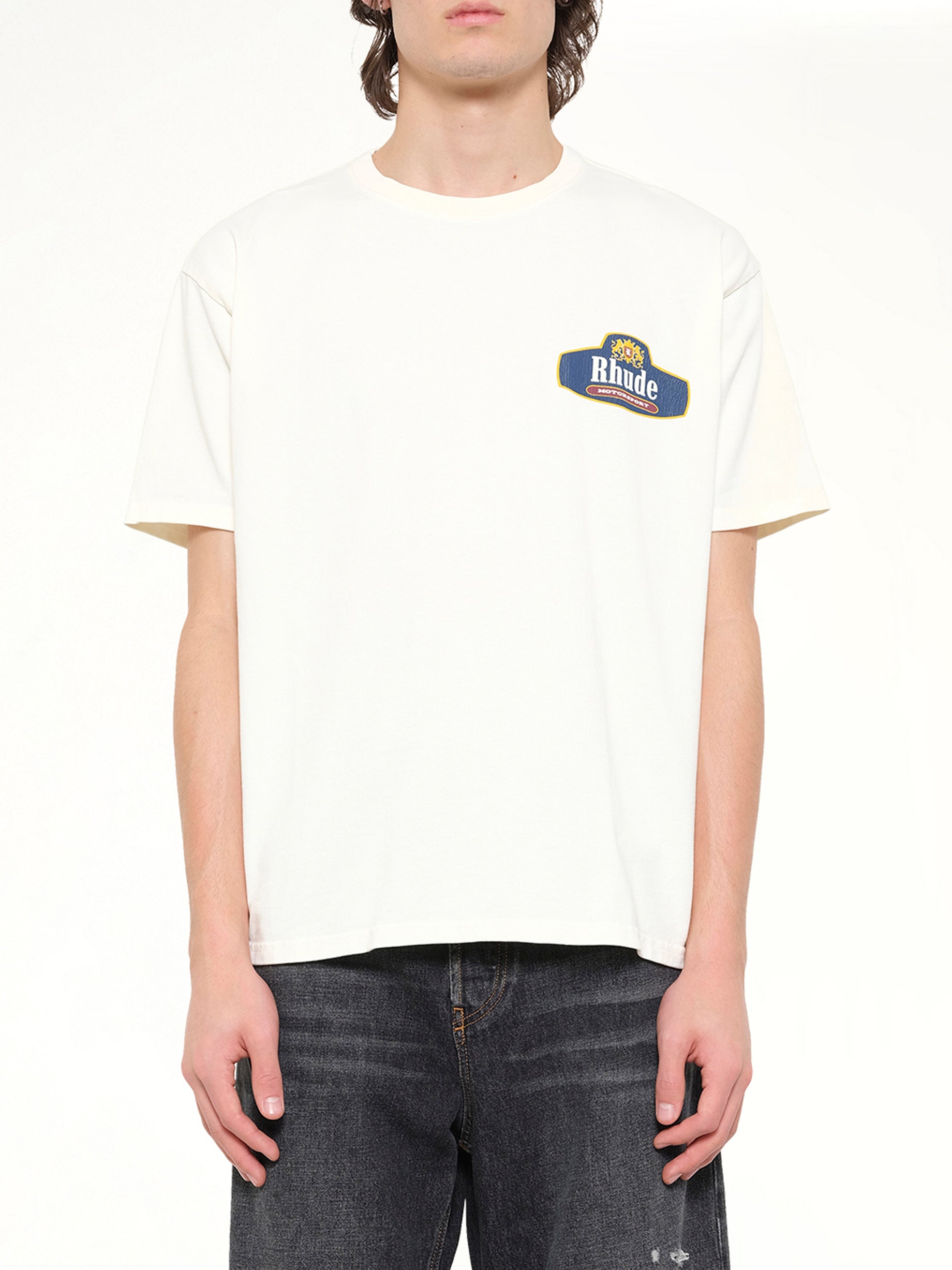 Image of T-Shirts. Product name - Rhude Racing Crest T-Shirt in White colour by brand - RHUDE