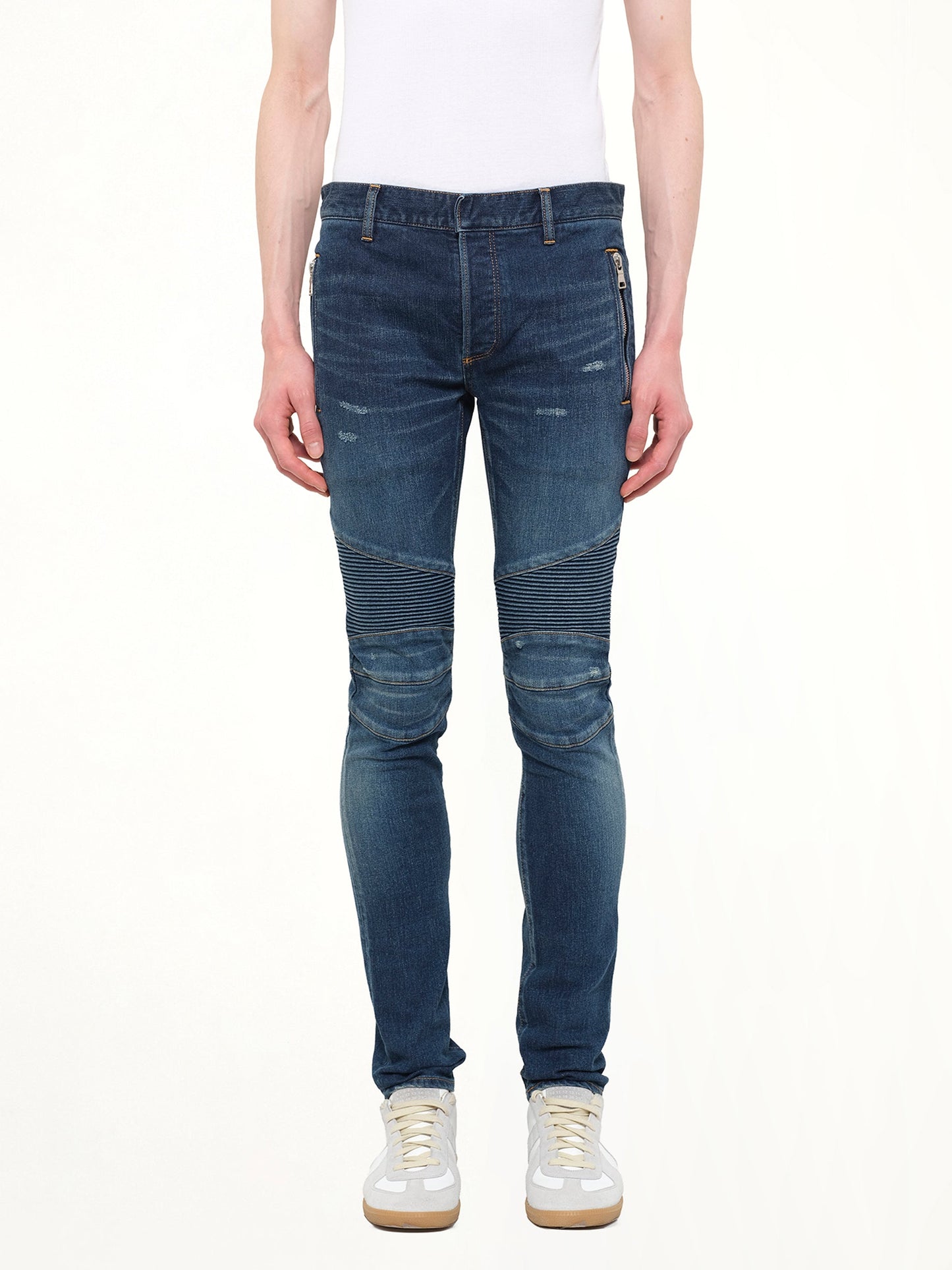 Image of Jeans. Product name - Distressed Camo Jeans in Blue colour by brand - BALMAIN